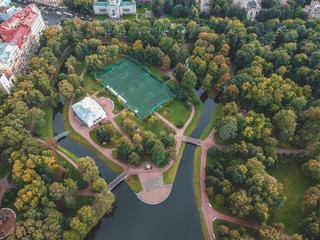 Aerial photography of a Park with a lake and a Palace on the shore, St. Petersburg, Russia.