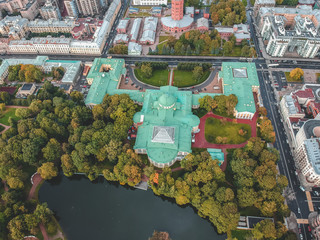 Aerial photography of a Park with a lake and a Palace on the shore, St. Petersburg, Russia.