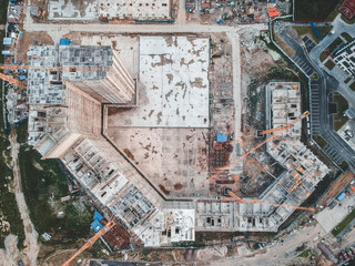 Apartments construction site with yellow crane, Flatley, Saint Petersburg, Russia.