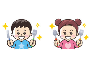 スプーンとフォークとナイフを持つ子供
