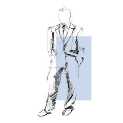 Sketch standing, dressed in a suit, men.