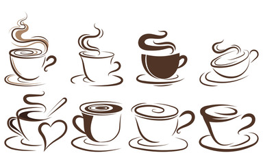 Set of cups of coffee. Collection of stylized coffee cups. Vector illustration of hot drinks. Logos for coffee shops.