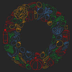 Vector pattern with healthy food. Fruits and vegetables. Milk, dairy products. Pattern for store, mall, menu, cafe, restaurants.