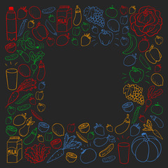 Vector pattern with healthy food. Fruits and vegetables. Milk, dairy products. Pattern for store, mall, menu, cafe, restaurants.