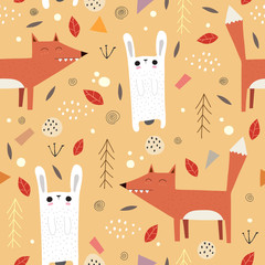 Seamless pattern with cute cartoon fox, bunnies, Christmas trees, leaves, decor elements, dots, twigs on a light neutral background. Hand drawing, vector. forest theme. children's design for fabric, w