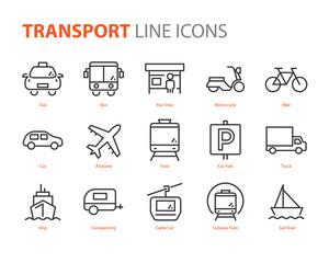 set of transport icons, car, bus, bike, travel, train