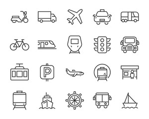 set of transport icons, car, bus, bike, travel, train