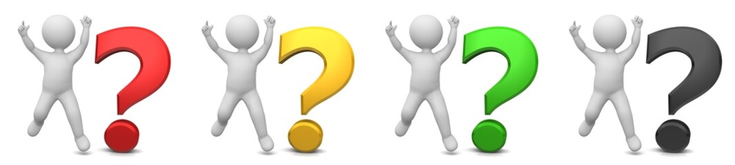 question mark answer sign interrogation point positive queries problems solutions sign symbol icon 3d red gold green black set render graphics white jumping cheering happy stick man figure person