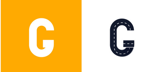 Letter G. Road font. Typography vector design with street lines. On white and yellow background