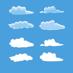 Cloud icon set. Blue and white clouds on blue background art design stock vector illustration for web, for print