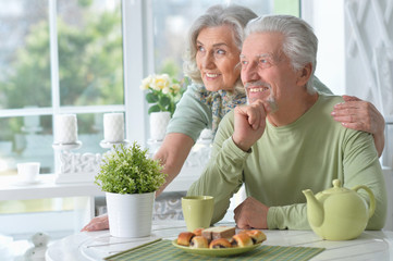 Portrait of happy senior couple drinking tea