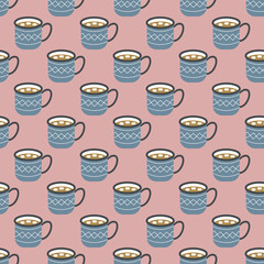 Spicy hot chocolate. blue cup of cocoa with marshmallows. Seamless vector pattern. Christmas greeting card design element. Template for holiday menu, fabric and wrapping paper.