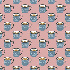 Spicy hot chocolate. blue cup of cocoa with marshmallows. Seamless vector pattern. Christmas greeting card design element. Template for holiday menu, fabric and wrapping paper.
