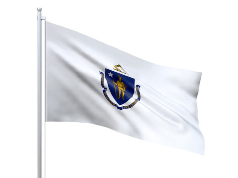 Massachusetts (U.S. state) flag waving on white background, close up, isolated. 3D render
