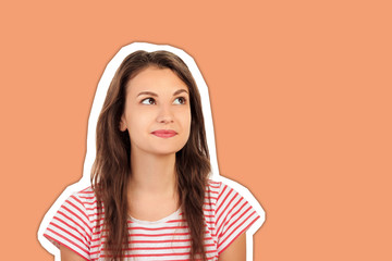 Beautiful thoughtful woman looking up. emotional girl Magazine collage style with trendy color background
