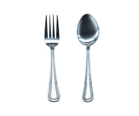 stainless spoon and fork vertical alignment isolated on white background..