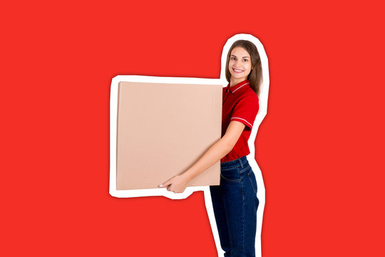 Beautiful Girl Is Delivering A Huge Parcel To A Customer. Smiling Woman In Work Clothes Is Holding A Box Magazine Collage Style With Trendy Color Background