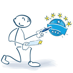 Strichmännchen mit Klemmbrett checkt eine Plakette