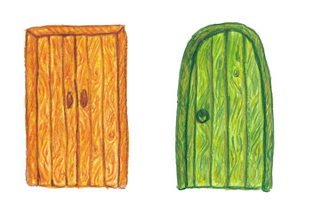 watercolor illustration of yellow and green wood doors on white