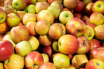 Red-green juicy apples on counter of grocery store