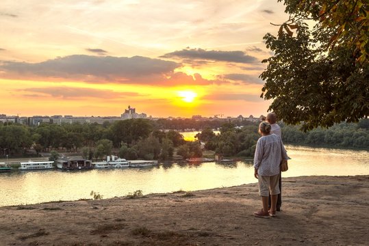 Sunset view from kalemegdan on usce. Belgrade sunset landscape 