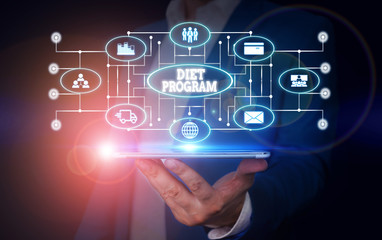 Conceptual hand writing showing Diet Program. Concept meaning practice of eating food in a regulated and supervised fashion Male wear formal suit presenting presentation smart device