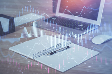 Multi exposure of forex chart and work space with computer. Concept of international online trading.