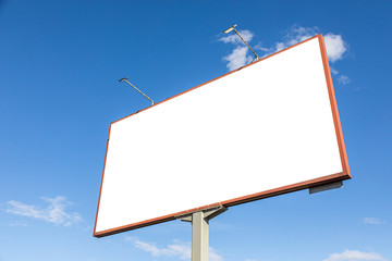 White empty advertisement billboard mockup against blue sky