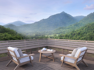 Fototapeta premium Morning mountain view on a wooden balcony 3d render. There are old wood terrace.Furnished with fabric and wooden furniture. overlooking the surrounding nature view.