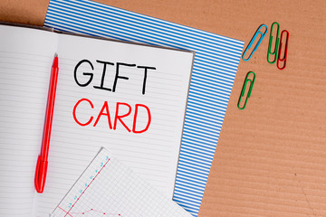 Writing note showing Gift Card. Business concept for A present usually made of paper that contains your message Striped paperboard notebook cardboard office study supplies chart paper