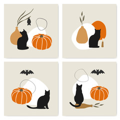 Set of vector composition for Halloween with a black cat. - 292321437