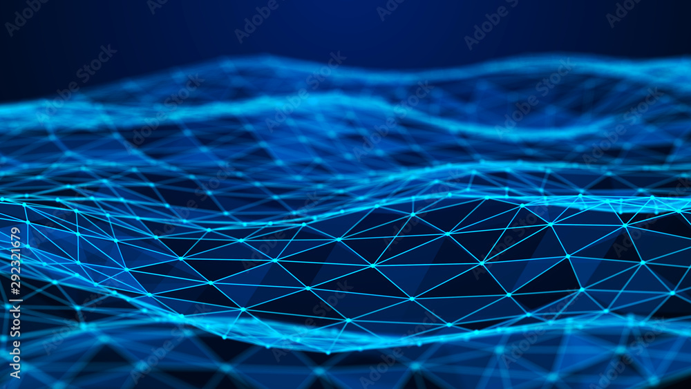 Poster Abstract polygonal space. Connection dots and lines structure. Digital background. Triangular business wallpaper. 3d