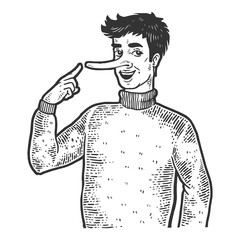 Liar man with long nose sketch engraving vector illustration. Tee shirt apparel print design. Scratch board style imitation. Black and white hand drawn image.
