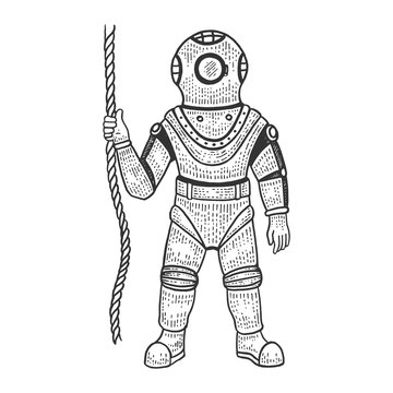 Retro scuba diver sketch engraving vector illustration. Scratch board style imitation. Black and white hand drawn image.