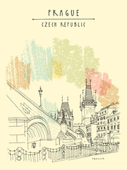 Prague, Czech Republic, Europe. Charles Bridge (Karluv Most). Prague famous landmark. Retro travel sketch. Vertical hand drawn vintage touristic postcard, poster, book illustrationm drawing in vector