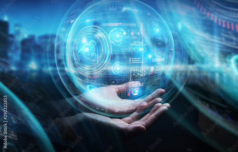 Poster Businessman using digital technological interface with datas 3D rendering