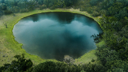 Aerial view of natural pond surrounded by pine trees in Fanal, Madeira island, Portugal
