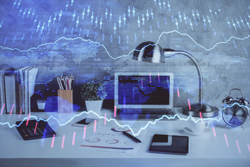 Double exposure of graph and financial info and work space with computer background. Concept of...