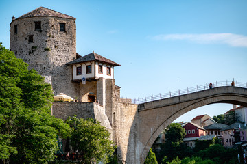 Obraz premium Mostar bridge, historic place in yugosavian war. A famous tourist destination in Bosnia and herzegovina former Yuoslavia.