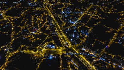 Drone aerial view of Funchal city at night, Madeira island, Portugal