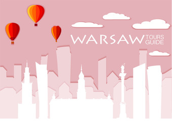 Warsaw silhouette, paper cut stile vector skyline illustration, clouds, airship, collage icon, city panorama