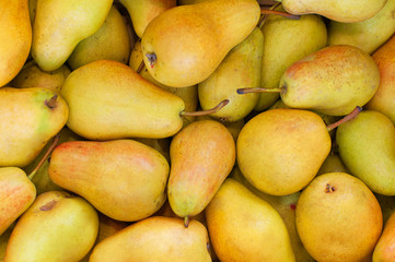 Juicy pears shot from above, food background, top view