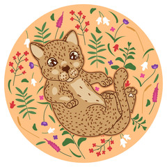 cute spotted leopard kitten with abstract tropical flowers, leaves and plants on  beige background, cartoon drawing funny animals, wild cat kitten isolated, editable vector illustration