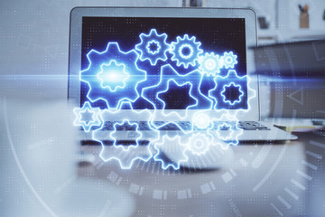 Fototapeta premium Multi exposure of business theme icons and table with computer background. Concept of success.