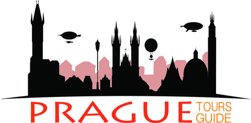 Prague silhouette, paper cut, vector skyline illustration, clouds, bridge, collage icon, city panorama river