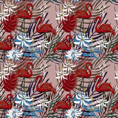 Red flamingo, white and blue flowers seamless pattern, gray sprigs on a messy beige background.