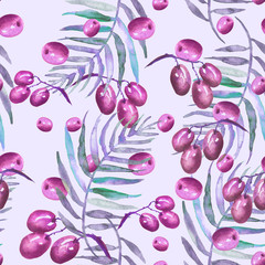 Seamless watercolor vintage pattern. Green and black olive. Branch of grapes. Olives, twigs, berries watercolor. Tropical background, palm branch. On a  isolated background