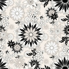 Fototapeta premium Abstract daisies and cornflowers seamless pattern in gray, black and white design.