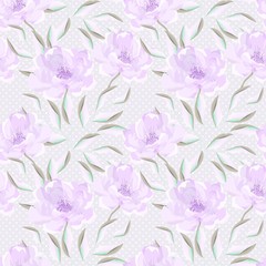 Seamless pattern of gentle white and lilac peonies with leaves on a gray background with polka dots.