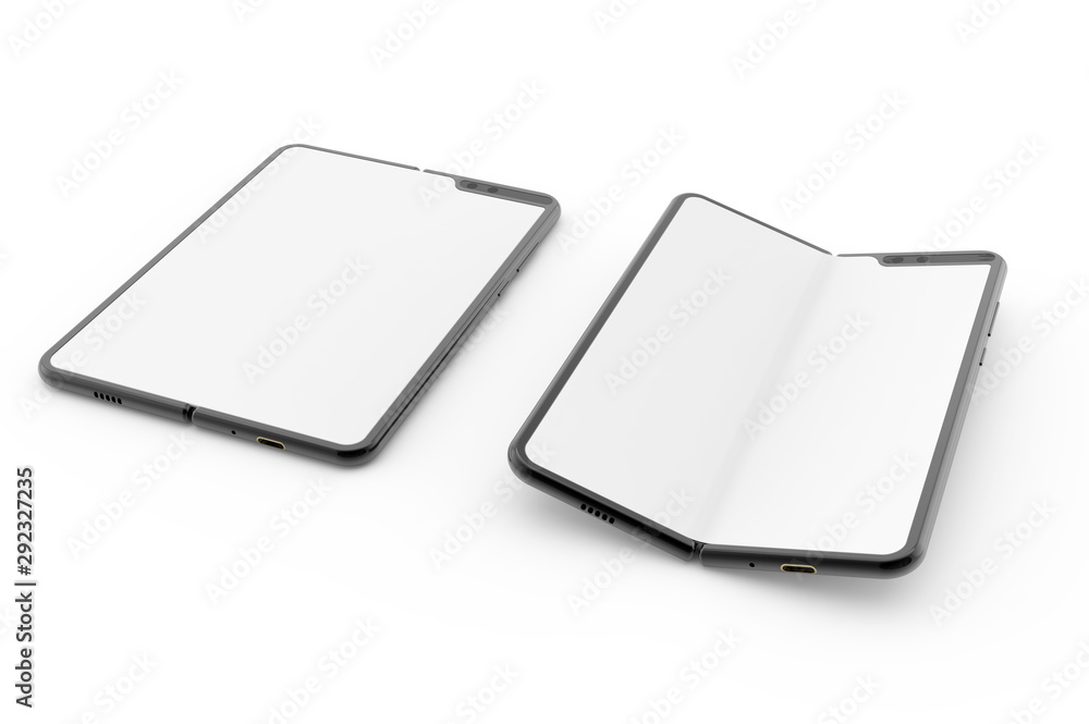 Poster folding smart phone empty screen view on the white background